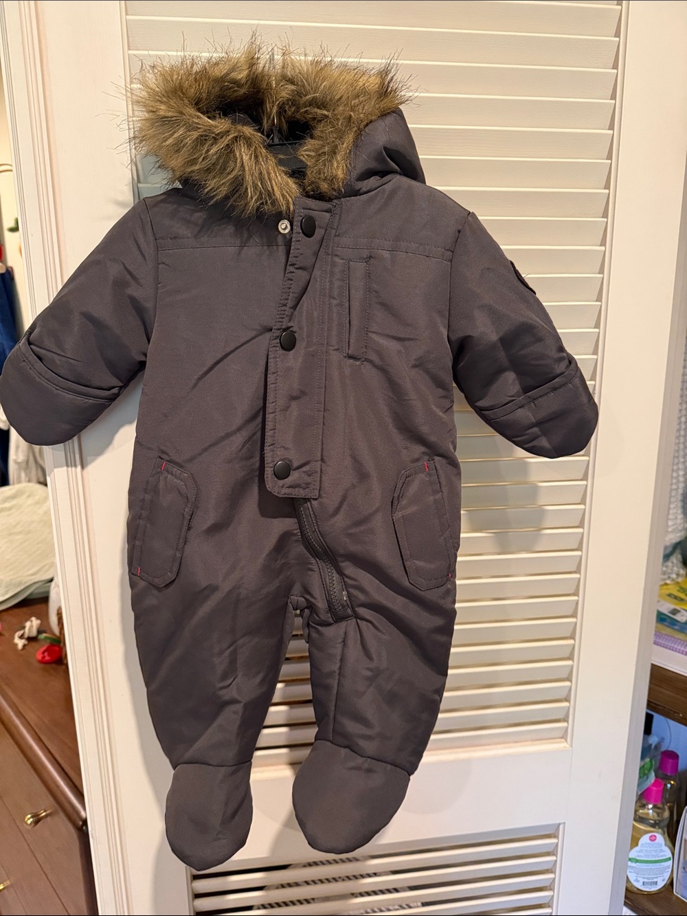 Rothschild Gray Faux-Fur Hooded Infant Snowsuit